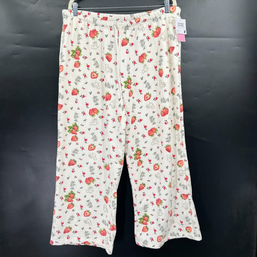NEW winnie the pooh strawberry wide leg sweatpants lounge pants cottagecore XL